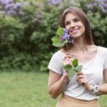 smiley woman with lavender bouquet
