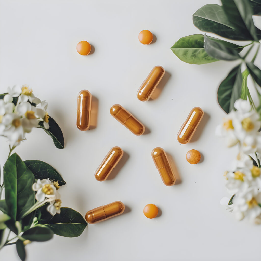 colored capsules and plants on a white background. banner template for advertising vitamins, medicines, healthy lifestyle, microelements